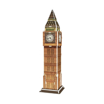 3D пъзел Биг Бен, Revell: сглобен модел на часовниковата кула в златисто-кафяво с бели циферблати и тъмнозелен заострен покрив върху кафява основа.