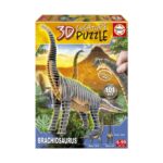 3D пъзел Брахиозавър 101 части, Educa: жълто-зелена кутия „3D Creature Puzzle“ с кафеникав модел на дълговрат динозавър сред джунглата и знак „101 pcs“.
