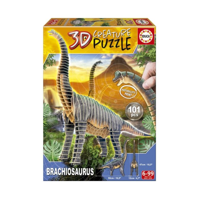 3d-pazel-brahiozavar-101-chasti-educa-1500 3D пъзел Брахиозавър 101 части, Educa: жълто-зелена кутия „3D Creature Puzzle“ с кафеникав модел на дълговрат динозавър сред джунглата и знак „101 pcs“.