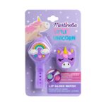 Балсам за устни Little Unicorn часовник, Martinelia: лилава блистерна карта с каишка с капаче дъга и сърца, висулка лилава глава с жълт рог и два гланца в синьо и розово.