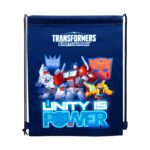 Чанта за спортен екип TRANSFORMERS AD1, Astra: тъмносиня торба с връзки и логото „Transformers EarthSpark“, червено-син, бял и жълт робот пред емблемите на двата отбора и светещ син надпис „Unity is Power“.