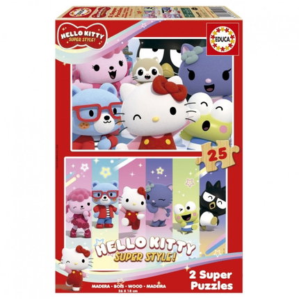 Дървен пъзел Hello Kitty Супер стил 2 в 1, 2х25 части, Educa