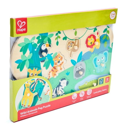 Дървен пъзел за игра Диви животни, 10 части, Hape