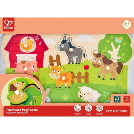 Дървен пъзел за игра Ферма, 10 части, Hape