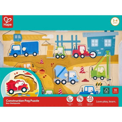 Дървен пъзел за игра Строителни машини, 10 части, Hape