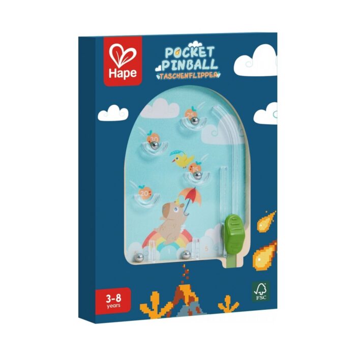 darvena-igrachka-dzhoben-pinbol-hape-1500 Дървена играчка Джобен пинбол, Hape: синя кутия на един от моделите с поле под прозрачен капак, кафяво животинче с червен чадър върху дъга, жълто пиле, портокалчета с числа от 15 до 30 и зелен лост.