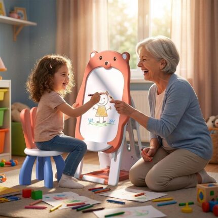 Детска дъска за рисуване и столче 2 в 1 червено мече, Feelkids