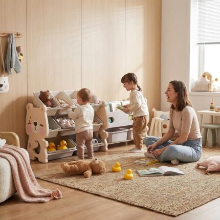 Детска етажерка за играчки Мече с кошници и рафтове розова, Feelkids