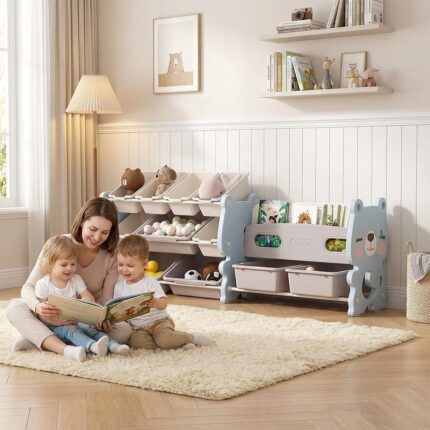 Детска етажерка за играчки Мече с кошници и рафтове синя, Feelkids