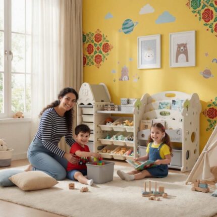 Детска етажерка за играчки с 17 отделения и кутии бяла, Feelkids