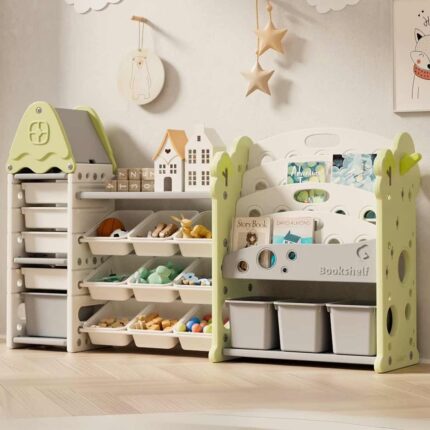 Детска етажерка за играчки с 17 отделения и кутии зелена, Feelkids