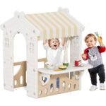 Детска къща за игра с баскетболен кош и масичка кафява, Feelkids - Image 7