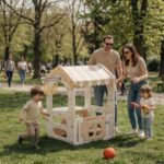 Детска къща за игра с баскетболен кош и масичка кафява, Feelkids