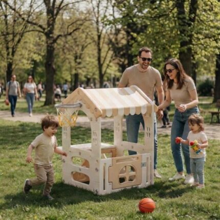 Детска къща за игра с баскетболен кош и масичка кафява, Feelkids