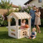Детска къща за игра с баскетболен кош и масичка кафява, Feelkids - Image 2