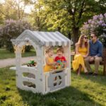 Детска къща за игра с баскетболен кош и масичка сива, Feelkids - Image 2