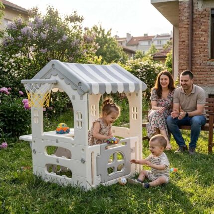Детска къща за игра с баскетболен кош и масичка сива, Feelkids