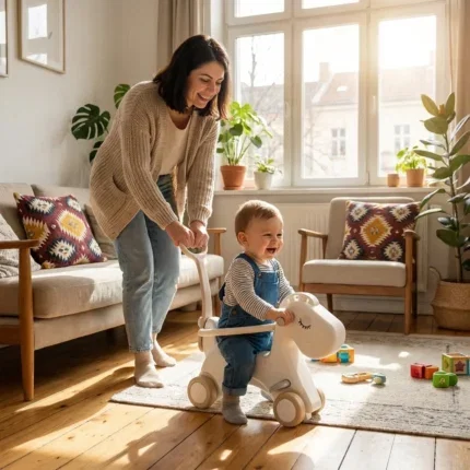 Детско конче за яздене с дръжка 3 в 1 кафяво, Feelkids