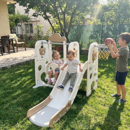 Детска пързалка с люлка и кош кафяво мече, Feelkids