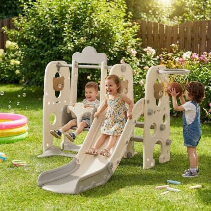 Детска пластмасова пързалка 3 в 1 сиво мече, Feelkids