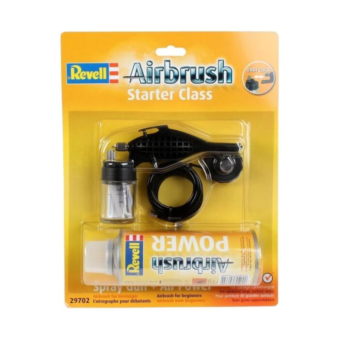 detski-aerograf-1500 Детски Аерограф: блистер „Revell Airbrush Starter Class“ с черен спрей пистолет, прозрачно шишенце за боя, маркуч и флакон с въздух „Airbrush Power“.