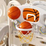 Детски център за игра 3 в 1 с пързалка и баскетболен кош кафяв, Feelkids - Image 5