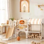 Детски център за игра 3 в 1 с пързалка и баскетболен кош кафяв, Feelkids - Image 7