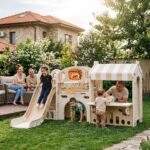 Детски център за игра 3 в 1 с пързалка и баскетболен кош кафяв, Feelkids - Image 2