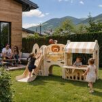 Детски център за игра 3 в 1 с пързалка и баскетболен кош кафяв, Feelkids