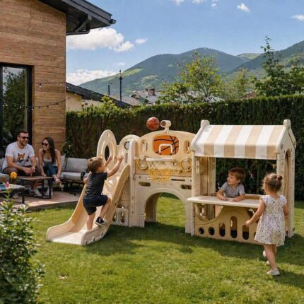 Детски център за игра 3 в 1 с пързалка и баскетболен кош кафяв, Feelkids