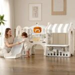 Детски център за игра 3 в 1 с пързалка и кош сив, Feelkids - Image 3