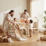 Детски център за игра 3 в 1 с пързалка и баскетболен кош кафяв, Feelkids - Image 3