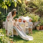 Детски център за игра 3 в 1 с пързалка и кош сив, Feelkids