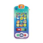 Детски интерактивен телефон, VTech: синьо-лилав апарат с 12 цветни икони с цифри, плъзгач с червени стрелки, зелен и червен бутон за обаждане и оранжева камера отгоре.