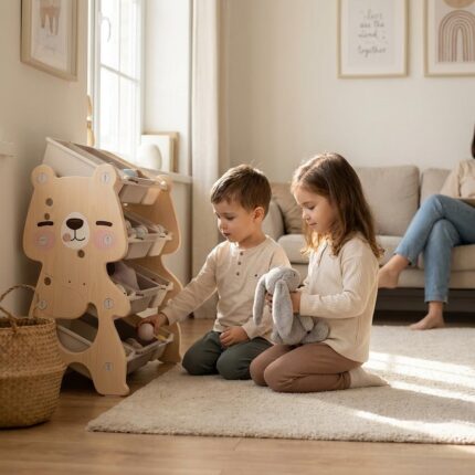 Детски органайзер за играчки Мече с 12 кутии розов, Feelkids