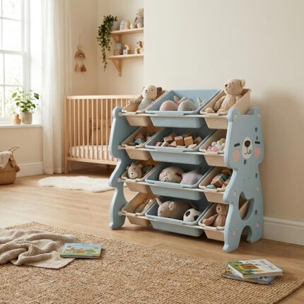 Детски органайзер за играчки Мече с 12 кутии син, Feelkids