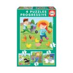 Домашни животни пъзел 6-9-12-16 части, Educa: зелена кутия „4 Puzzles Progressive“ с момче с ръчна количка и момиче със сламена шапка сред кокошки и три малки картини с крава, паун и овце.