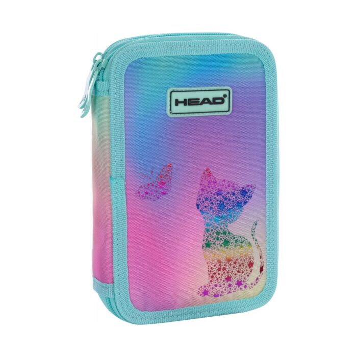 dvoen-neseser-ac2-kitty-ombre-head-1500 Двоен несесер AC2 Kitty Ombre, Head: калъф с тюркоазен кант и ципове, който прелива от синьо и лилаво към розово и носи силует на коте в дъгови звездички до малка пеперуда.