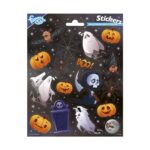 Фосфоресциращи стикери Halloween 15 броя, Totum: черен звезден лист „Stickers Halloween Glow in the Dark“ с бели призраци и оранжеви тикви, малка фигура на Смъртта с коса и надгробна плоча „R.I.P“.