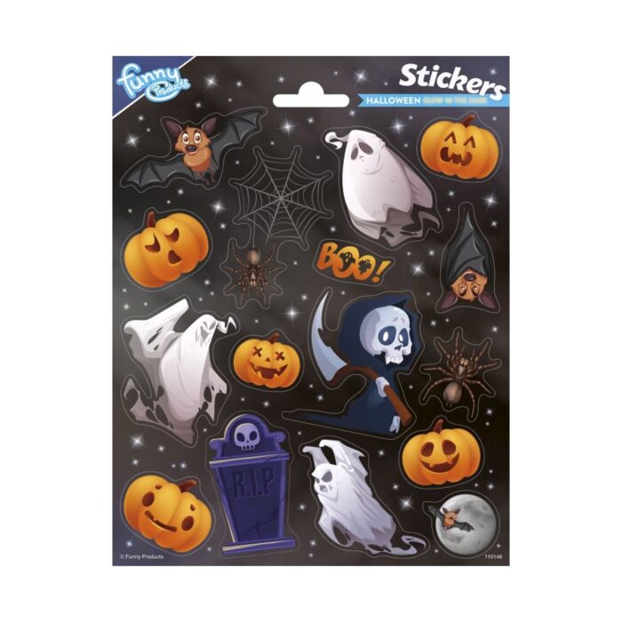 fosforestsirashti-stikeri-halloween-15-broya-totum-1500 Фосфоресциращи стикери Halloween 15 броя, Totum: черен звезден лист „Stickers Halloween Glow in the Dark“ с бели призраци и оранжеви тикви, малка фигура на Смъртта с коса и надгробна плоча „R.I.P“.