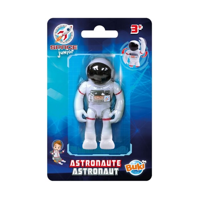 interaktivna-igrachka-astronavt-7-5-sm-buki-france-1500 Интерактивна играчка Астронавт 7.5 см, Buki France: тъмносиня блистерна карта „Space Junior“ с бяла фигурка в скафандър с черен визьор и червени кантове и надпис „Astronaut“.