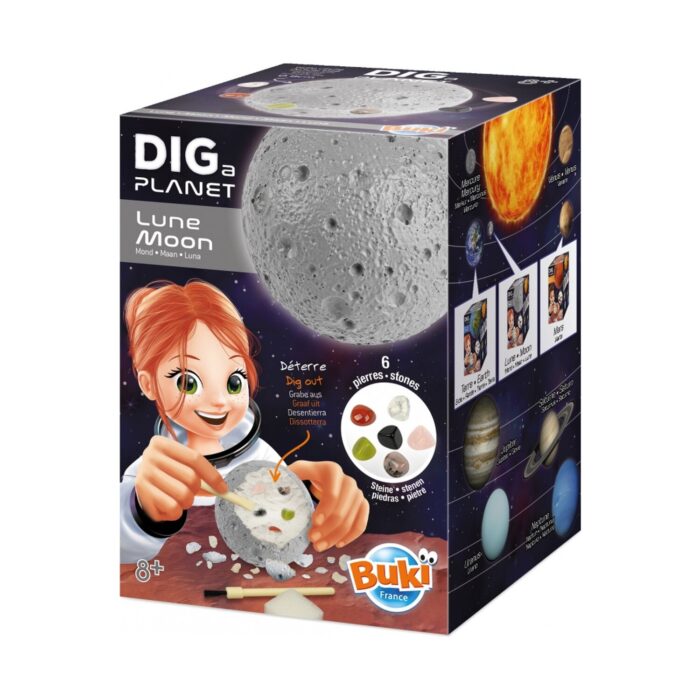 izsledovatelski-komplekt-izkopai-planeta-luna-buki-france-1500 Изследователски комплект Изкопай планета Луна, Buki France: тъмна кутия със сива сфера с кратери, момиче в скафандър с четка над разкопано кълбо, шест цветни камъчета и надпис „Dig a Planet“.