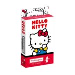 Карти за игра Waddingtons Number 1 Hello Kitty, Winning Moves: червено-бяла кутия с карти за игра Hello Kitty, на която котето с червена панделка и сини дрехи стои над логото „Waddingtons of London“.
