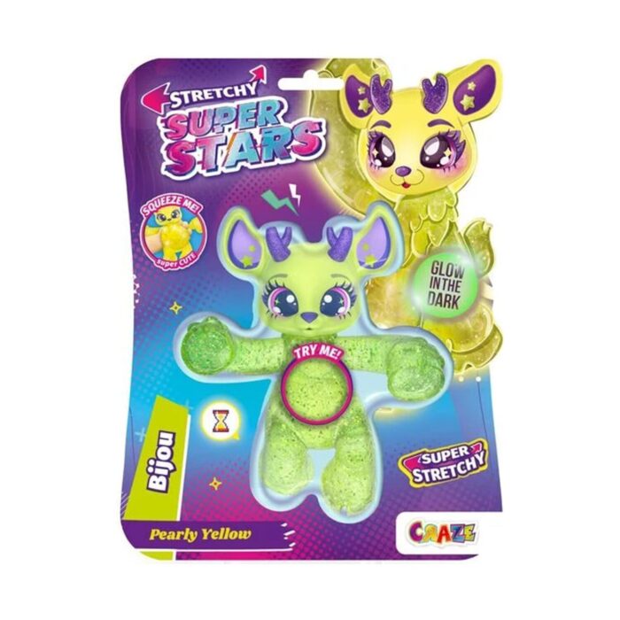 kolektsionerska-figurka-superstars-bijou-craze-1500 Колекционерска фигурка Superstars Bijou, Craze: лилава блистерна карта с разтегливо светлозелено еленче с блестящо тяло, лилави рогца и надпис „Pearly Yellow“.