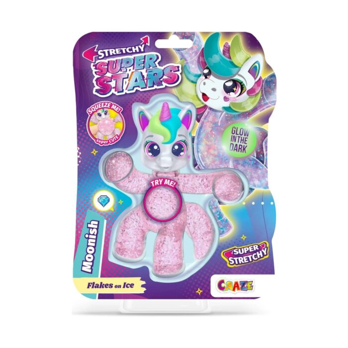 kolektsionerska-figurka-superstars-moonish-craze-1500 Колекционерска фигурка Superstars Moonish, Craze: лилава блистерна карта с разтеглив розов еднорог с блестящо тяло, бяла глава с дъгова грива и надпис „Flakes on Ice“.