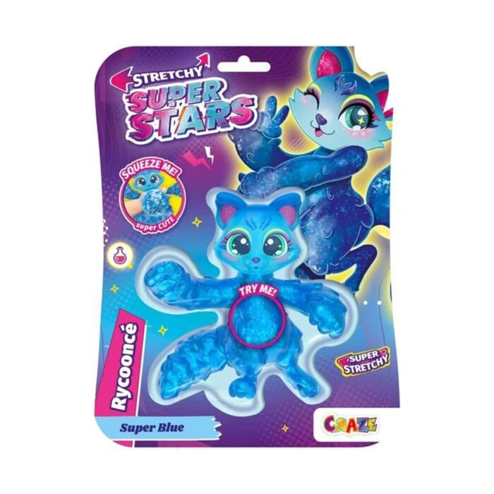 kolektsionerska-figurka-superstars-rycoonce-craze-1500 Колекционерска фигурка Superstars Rycoonce, Craze: лилава блистерна карта с разтеглив син енот с блестящо тяло, розови уши и пухкава опашка и надпис „Super Blue“.