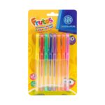 Комплект ароматизирани гел химикалки Frutos, 8 цвята блистер, Astra: жълта карта „Frutos“ с усмихнати плодчета и осем прозрачни химикалки с ярки капачки от жълто до розово.