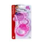 Комплект бебешки гризалки Сафари, 2 броя, Infantino: блистер „Safari Teething Pals“ с две розови прозрачни гризалки – маймунка с извита опашка и животинче с халка за хващане.