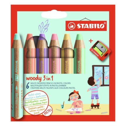 Комплект цветни моливи Woody 3 в 1 Pastel + острилка Stabilo