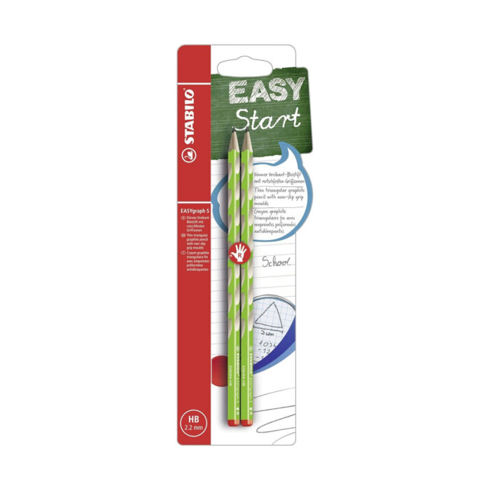 komplekt-ergonomichni-molivi-easygraph-s-hb-dyasna-raka-2-broya-stabilo-1500 Комплект ергономични моливи EASYgraph S HB Дясна ръка, 2 броя, Stabilo: блистер със зелена училищна дъска „EASY Start“ и два светлозелени триъгълни молива с бели вдлъбнатини за пръстите и червен знак с ръка и буква „R“.